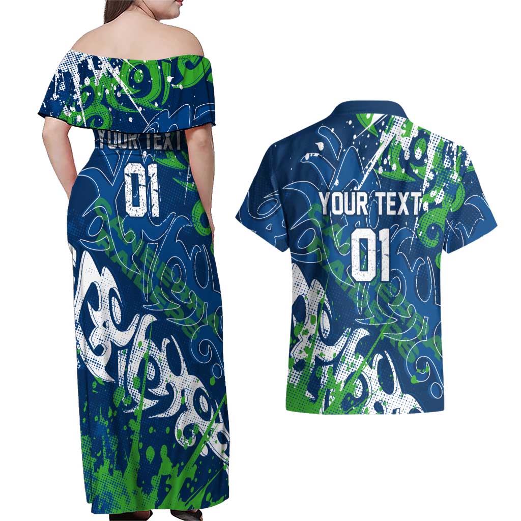 Personalized Canberra Raiders Rugby Couples Matching Off Shoulder Maxi Dress and Hawaiian Shirt Urban Street Graffiti Style - Distressed Splatter Elements