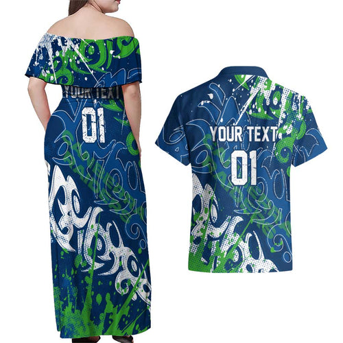 Personalized Canberra Raiders Rugby Couples Matching Off Shoulder Maxi Dress and Hawaiian Shirt Urban Street Graffiti Style - Distressed Splatter Elements