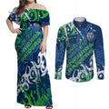 Personalized Canberra Raiders Rugby Couples Matching Off Shoulder Maxi Dress and Long Sleeve Button Shirt Urban Street Graffiti Style - Distressed Splatter Elements