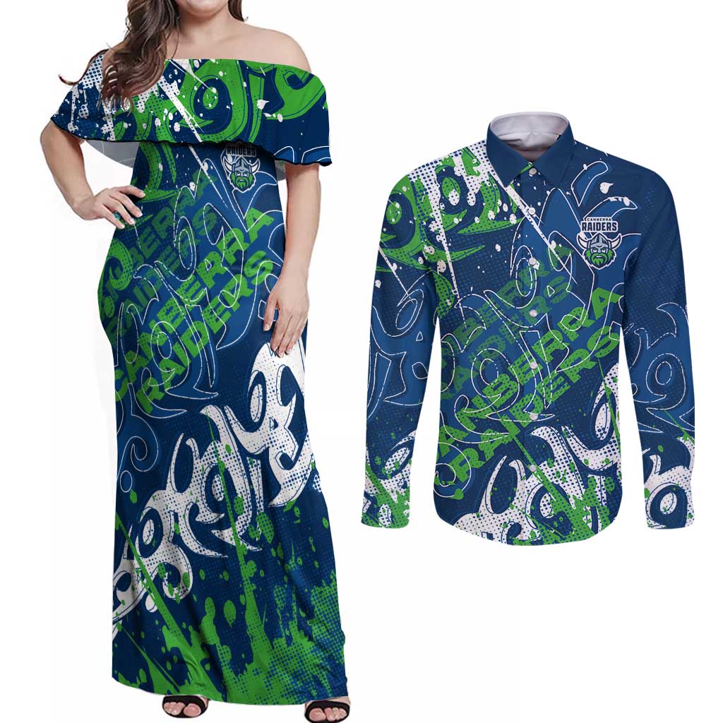 Personalized Canberra Raiders Rugby Couples Matching Off Shoulder Maxi Dress and Long Sleeve Button Shirt Urban Street Graffiti Style - Distressed Splatter Elements