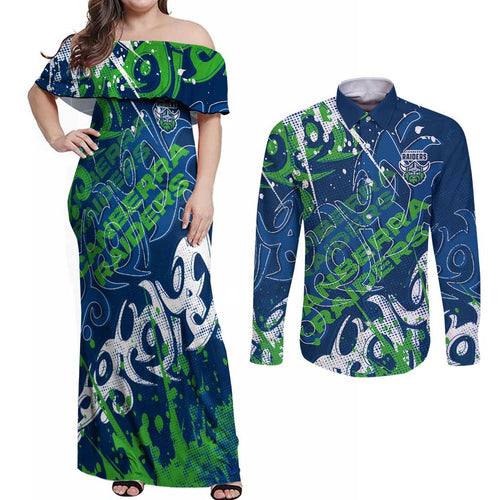 Personalized Canberra Raiders Rugby Couples Matching Off Shoulder Maxi Dress and Long Sleeve Button Shirt Urban Street Graffiti Style - Distressed Splatter Elements