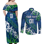 Personalized Canberra Raiders Rugby Couples Matching Off Shoulder Maxi Dress and Long Sleeve Button Shirt Urban Street Graffiti Style - Distressed Splatter Elements
