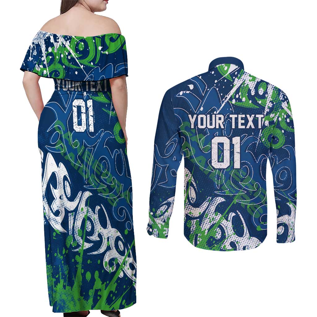 Personalized Canberra Raiders Rugby Couples Matching Off Shoulder Maxi Dress and Long Sleeve Button Shirt Urban Street Graffiti Style - Distressed Splatter Elements