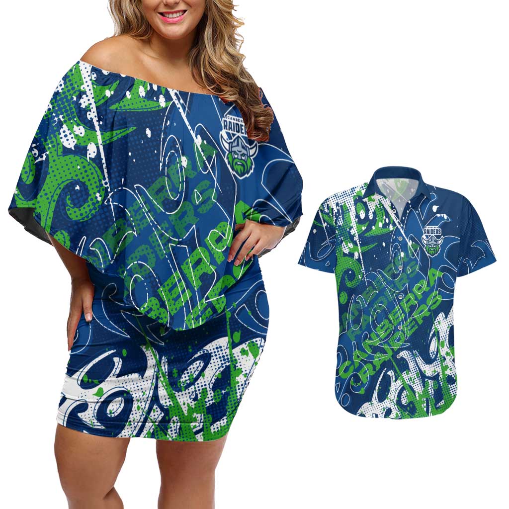 Personalized Canberra Raiders Rugby Couples Matching Off Shoulder Short Dress and Hawaiian Shirt Urban Street Graffiti Style - Distressed Splatter Elements