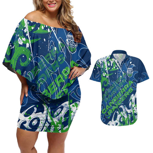 Personalized Canberra Raiders Rugby Couples Matching Off Shoulder Short Dress and Hawaiian Shirt Urban Street Graffiti Style - Distressed Splatter Elements