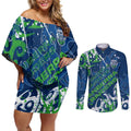 Personalized Canberra Raiders Rugby Couples Matching Off Shoulder Short Dress and Long Sleeve Button Shirt Urban Street Graffiti Style - Distressed Splatter Elements