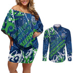 Personalized Canberra Raiders Rugby Couples Matching Off Shoulder Short Dress and Long Sleeve Button Shirt Urban Street Graffiti Style - Distressed Splatter Elements