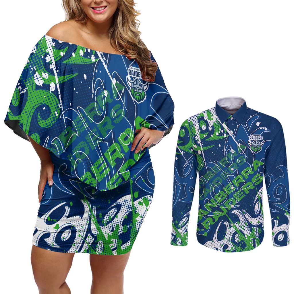 Personalized Canberra Raiders Rugby Couples Matching Off Shoulder Short Dress and Long Sleeve Button Shirt Urban Street Graffiti Style - Distressed Splatter Elements