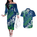 Personalized Canberra Raiders Rugby Couples Matching Off The Shoulder Long Sleeve Dress and Hawaiian Shirt Urban Street Graffiti Style - Distressed Splatter Elements