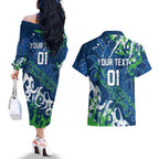 Personalized Canberra Raiders Rugby Couples Matching Off The Shoulder Long Sleeve Dress and Hawaiian Shirt Urban Street Graffiti Style - Distressed Splatter Elements