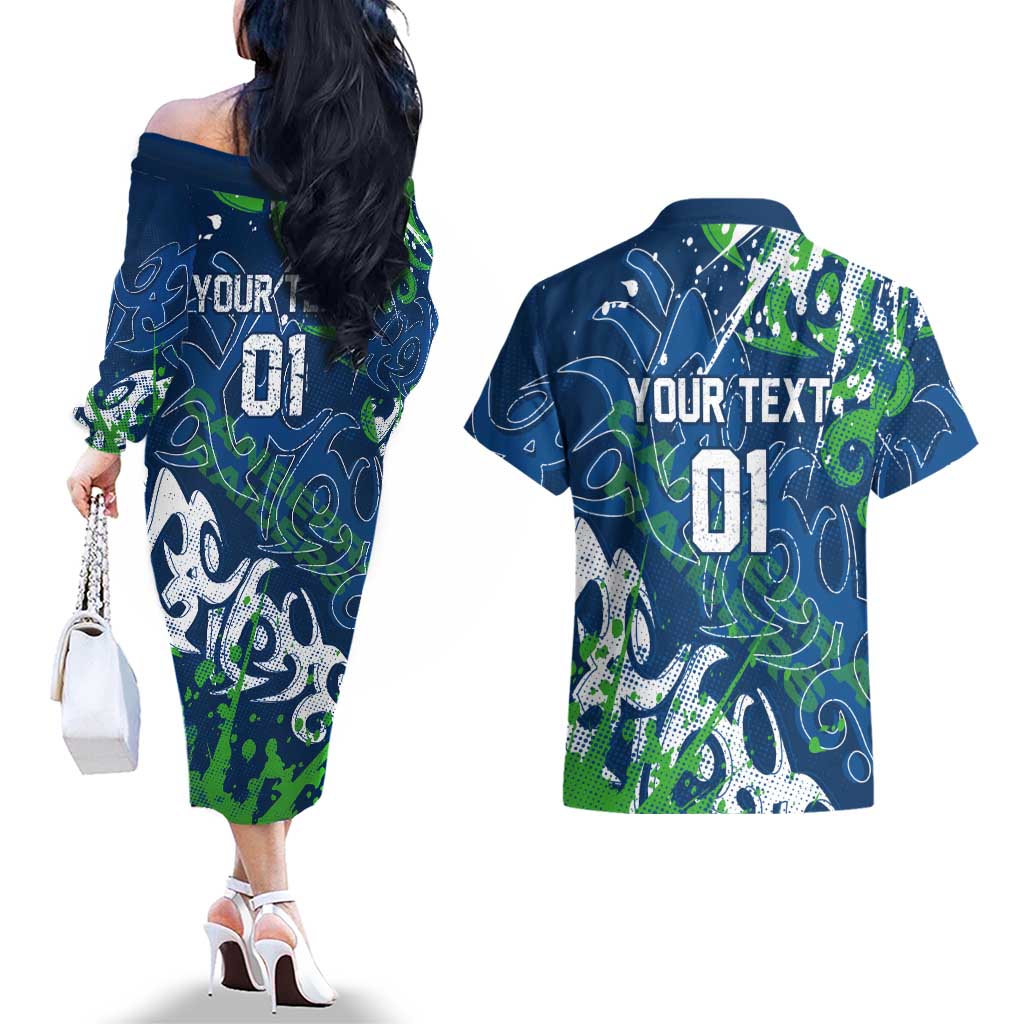 Personalized Canberra Raiders Rugby Couples Matching Off The Shoulder Long Sleeve Dress and Hawaiian Shirt Urban Street Graffiti Style - Distressed Splatter Elements