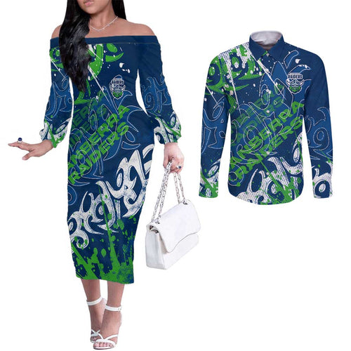Personalized Canberra Raiders Rugby Couples Matching Off The Shoulder Long Sleeve Dress and Long Sleeve Button Shirt Urban Street Graffiti Style - Distressed Splatter Elements