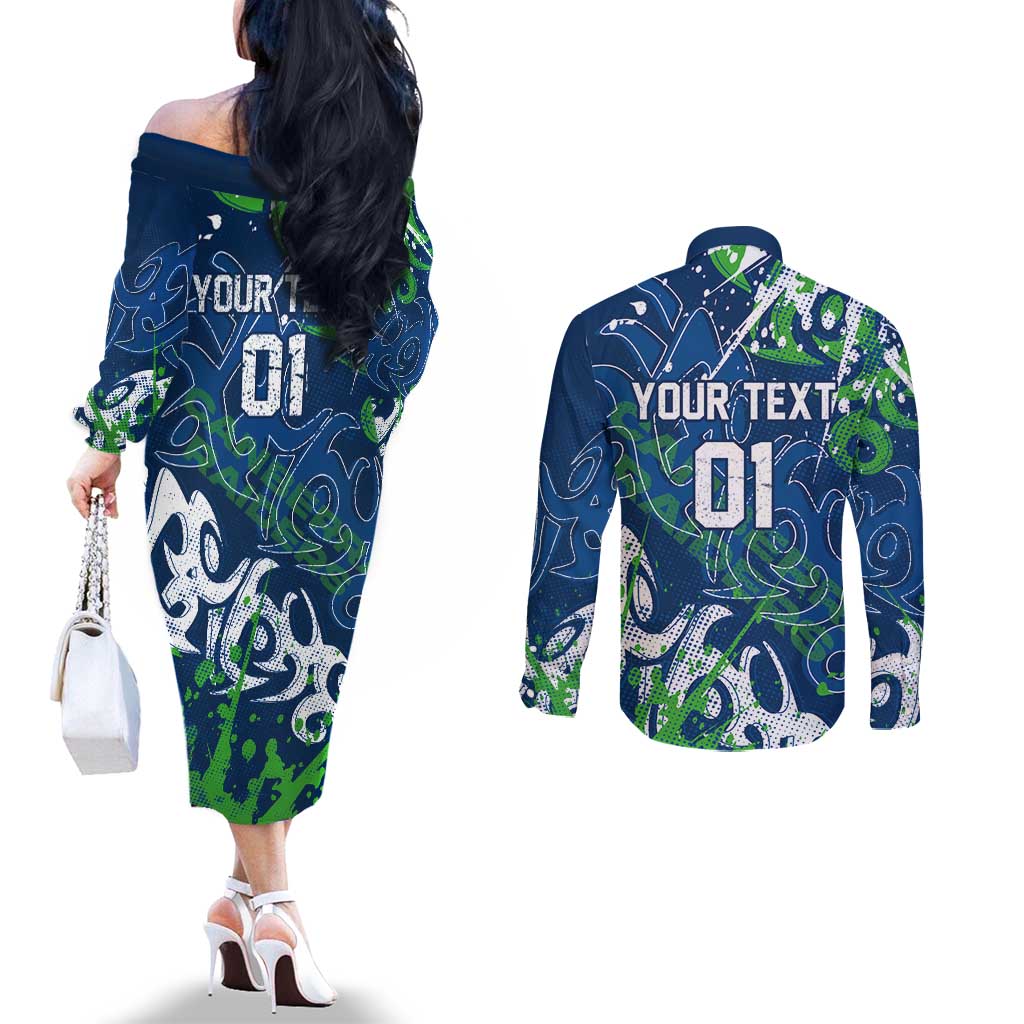 Personalized Canberra Raiders Rugby Couples Matching Off The Shoulder Long Sleeve Dress and Long Sleeve Button Shirt Urban Street Graffiti Style - Distressed Splatter Elements