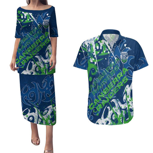 Personalized Canberra Raiders Rugby Couples Matching Puletasi and Hawaiian Shirt Urban Street Graffiti Style - Distressed Splatter Elements