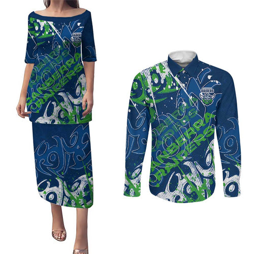 Personalized Canberra Raiders Rugby Couples Matching Puletasi and Long Sleeve Button Shirt Urban Street Graffiti Style - Distressed Splatter Elements