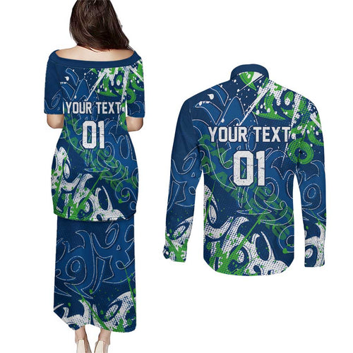 Personalized Canberra Raiders Rugby Couples Matching Puletasi and Long Sleeve Button Shirt Urban Street Graffiti Style - Distressed Splatter Elements