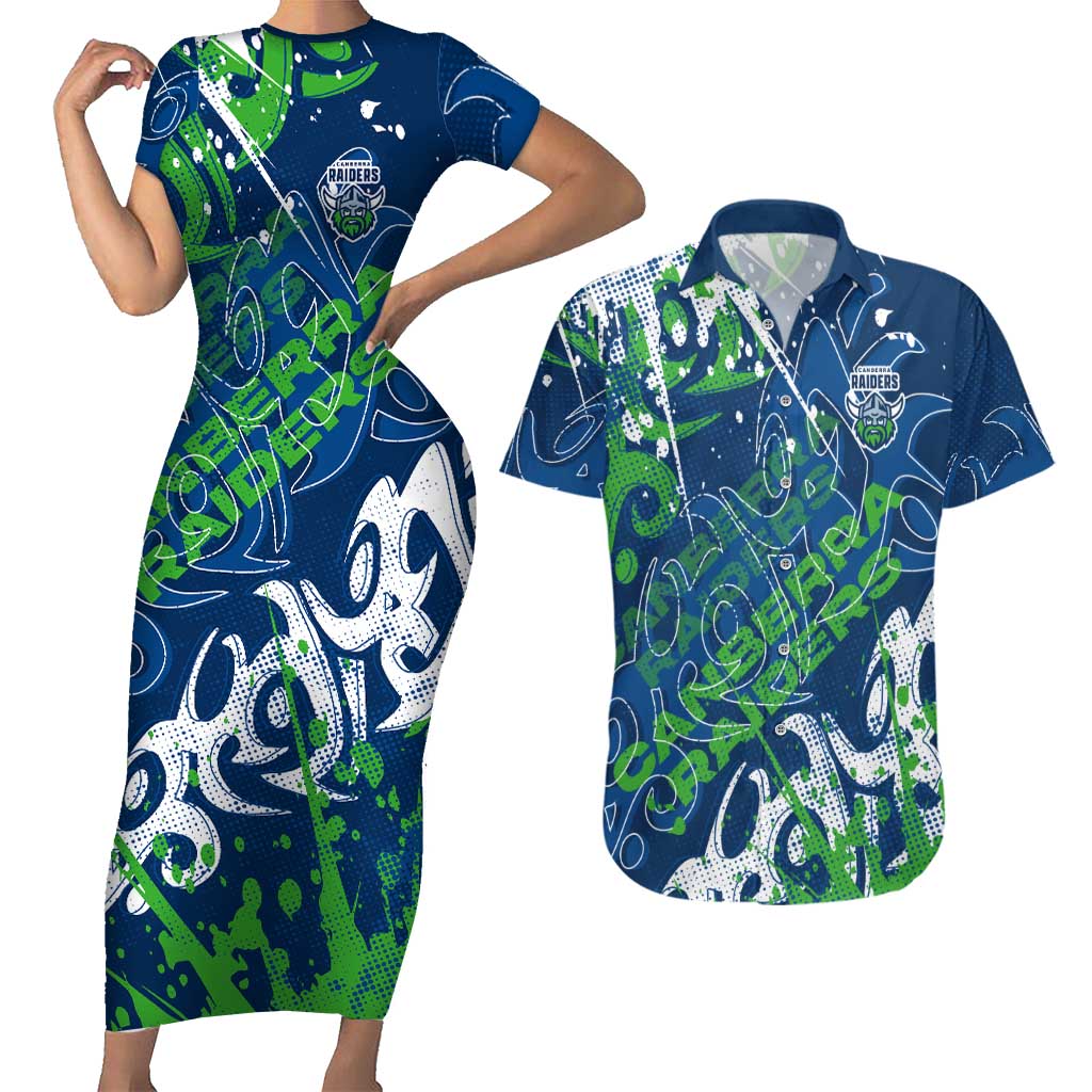 Personalized Canberra Raiders Rugby Couples Matching Short Sleeve Bodycon Dress and Hawaiian Shirt Urban Street Graffiti Style - Distressed Splatter Elements
