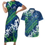 Personalized Canberra Raiders Rugby Couples Matching Short Sleeve Bodycon Dress and Hawaiian Shirt Urban Street Graffiti Style - Distressed Splatter Elements