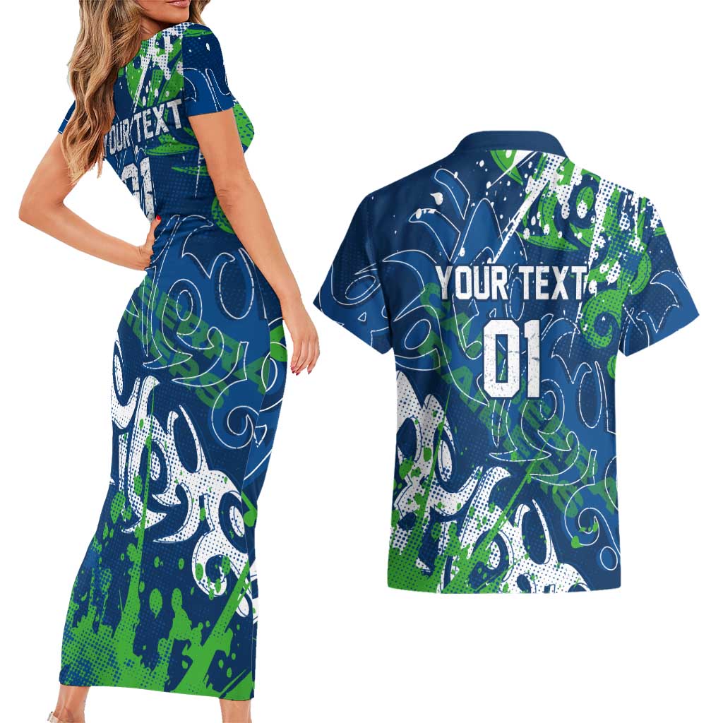 Personalized Canberra Raiders Rugby Couples Matching Short Sleeve Bodycon Dress and Hawaiian Shirt Urban Street Graffiti Style - Distressed Splatter Elements