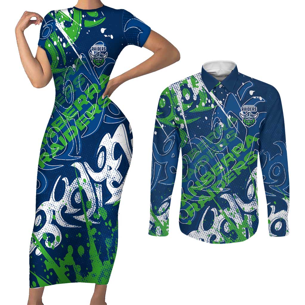 Personalized Canberra Raiders Rugby Couples Matching Short Sleeve Bodycon Dress and Long Sleeve Button Shirt Urban Street Graffiti Style - Distressed Splatter Elements