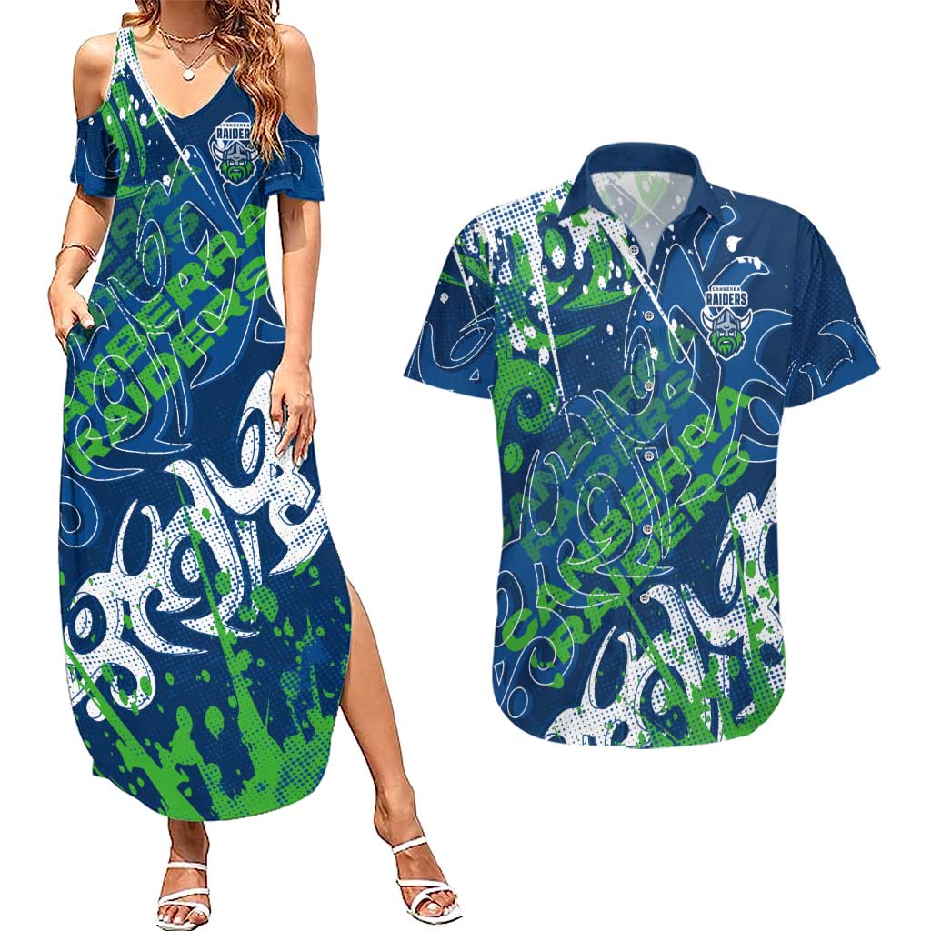 Personalized Canberra Raiders Rugby Couples Matching Summer Maxi Dress and Hawaiian Shirt Urban Street Graffiti Style - Distressed Splatter Elements