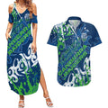 Personalized Canberra Raiders Rugby Couples Matching Summer Maxi Dress and Hawaiian Shirt Urban Street Graffiti Style - Distressed Splatter Elements