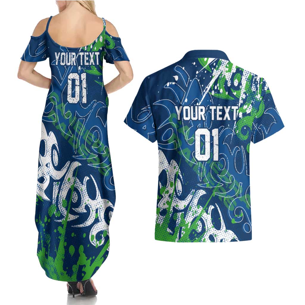 Personalized Canberra Raiders Rugby Couples Matching Summer Maxi Dress and Hawaiian Shirt Urban Street Graffiti Style - Distressed Splatter Elements