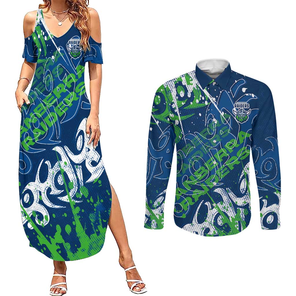 Personalized Canberra Raiders Rugby Couples Matching Summer Maxi Dress and Long Sleeve Button Shirt Urban Street Graffiti Style - Distressed Splatter Elements