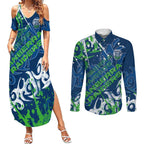 Personalized Canberra Raiders Rugby Couples Matching Summer Maxi Dress and Long Sleeve Button Shirt Urban Street Graffiti Style - Distressed Splatter Elements