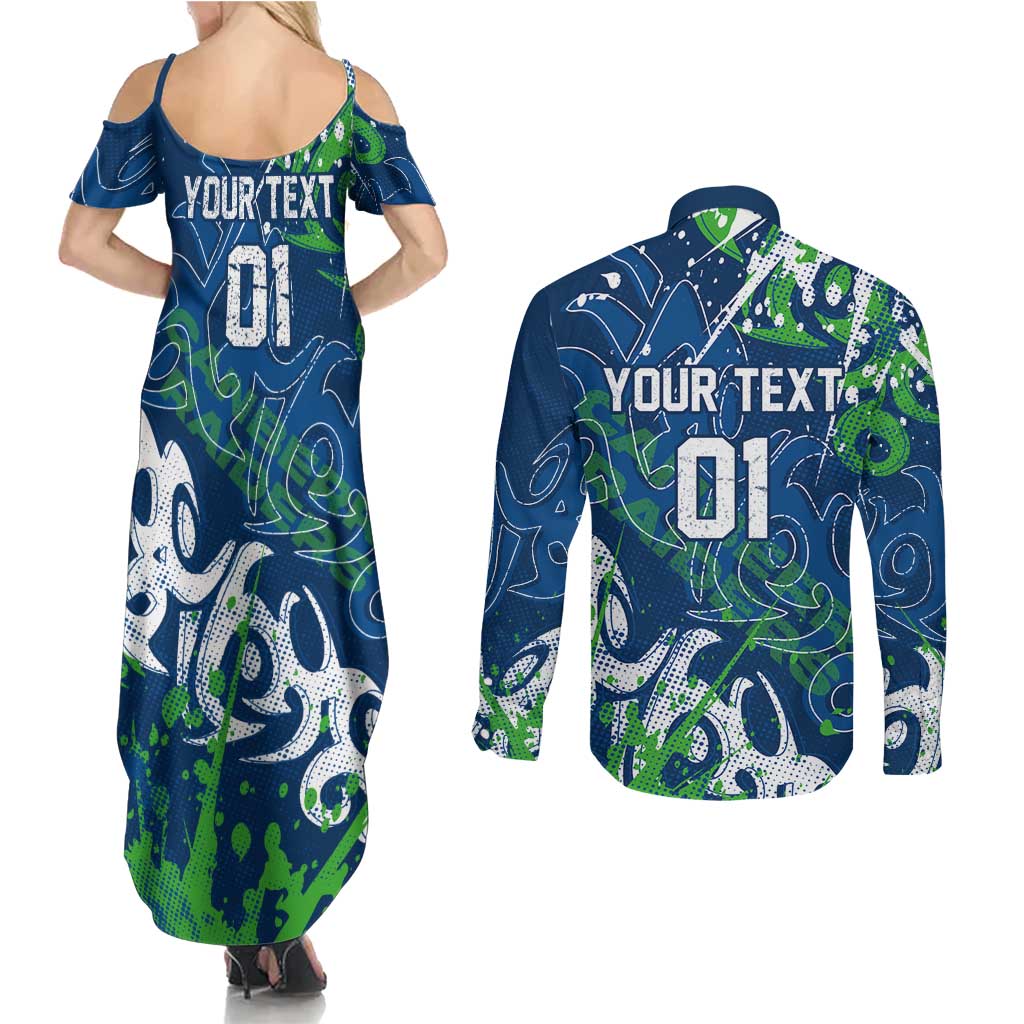 Personalized Canberra Raiders Rugby Couples Matching Summer Maxi Dress and Long Sleeve Button Shirt Urban Street Graffiti Style - Distressed Splatter Elements
