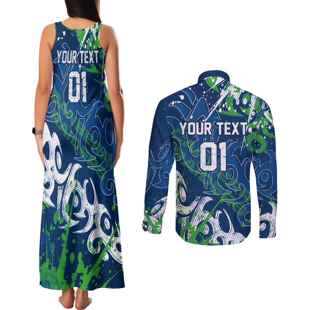 Personalized Canberra Raiders Rugby Couples Matching Tank Maxi Dress and Long Sleeve Button Shirt Urban Street Graffiti Style - Distressed Splatter Elements