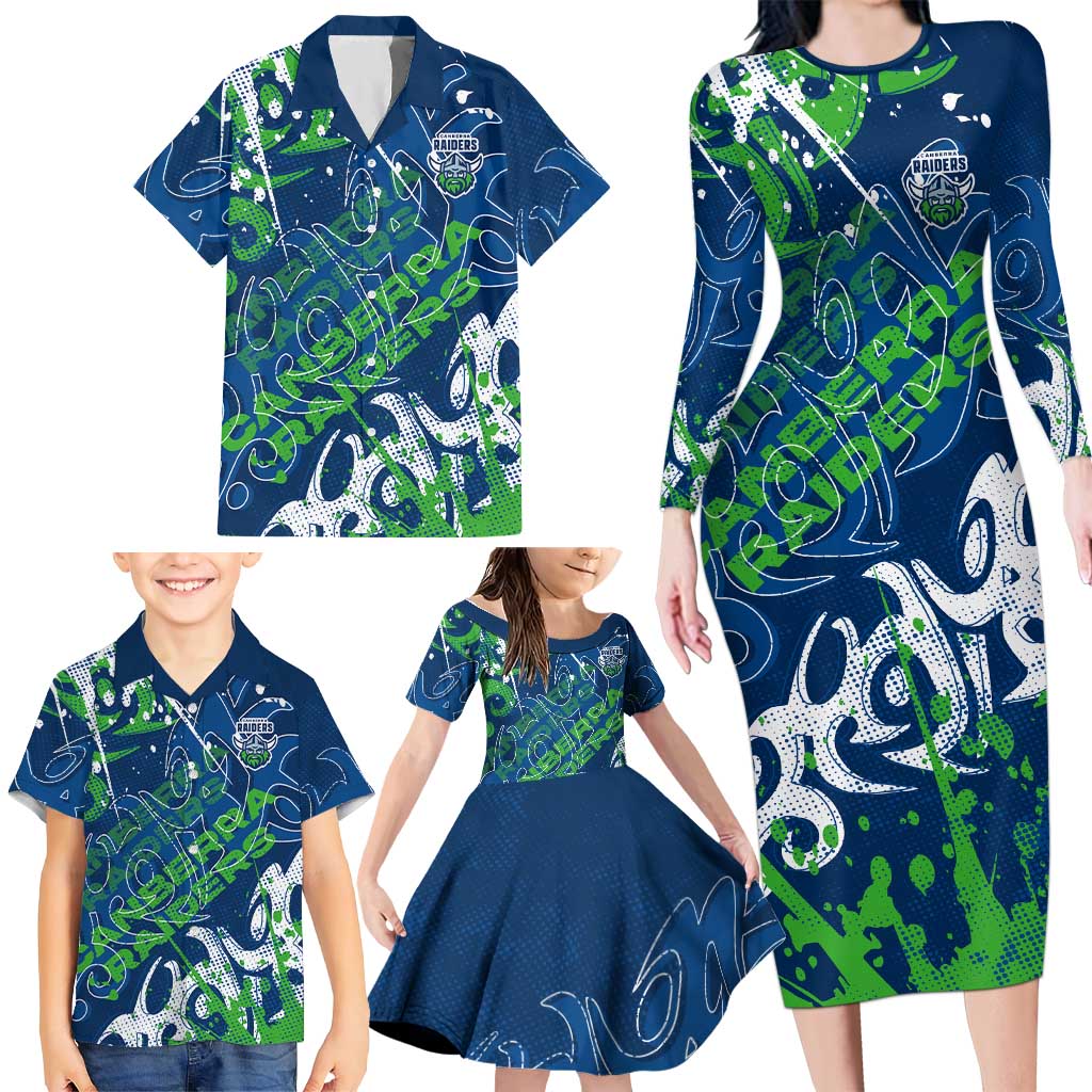 Personalized Canberra Raiders Rugby Family Matching Long Sleeve Bodycon Dress and Hawaiian Shirt Urban Street Graffiti Style - Distressed Splatter Elements