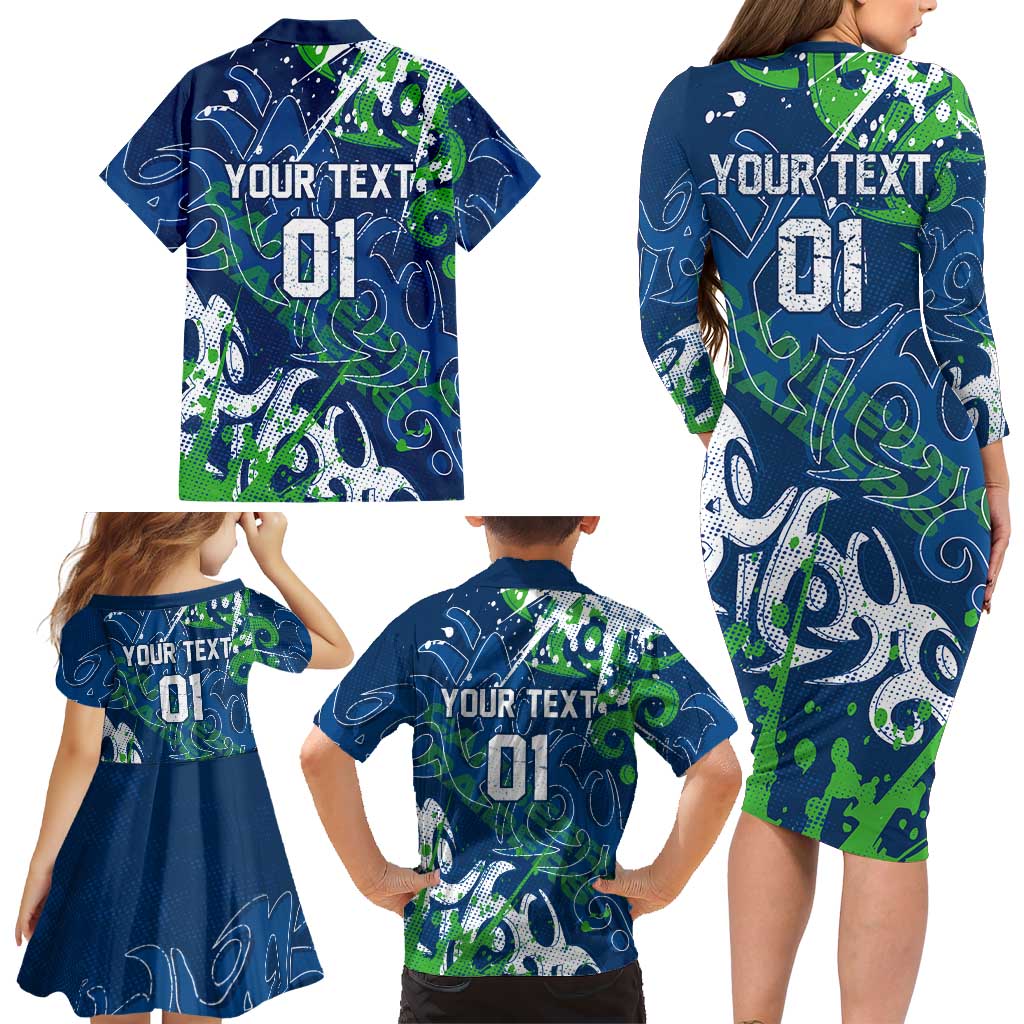 Personalized Canberra Raiders Rugby Family Matching Long Sleeve Bodycon Dress and Hawaiian Shirt Urban Street Graffiti Style - Distressed Splatter Elements