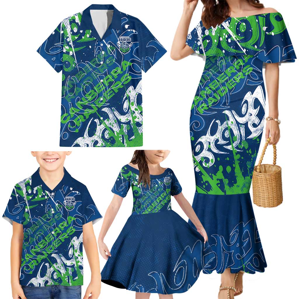 Personalized Canberra Raiders Rugby Family Matching Mermaid Dress and Hawaiian Shirt Urban Street Graffiti Style - Distressed Splatter Elements