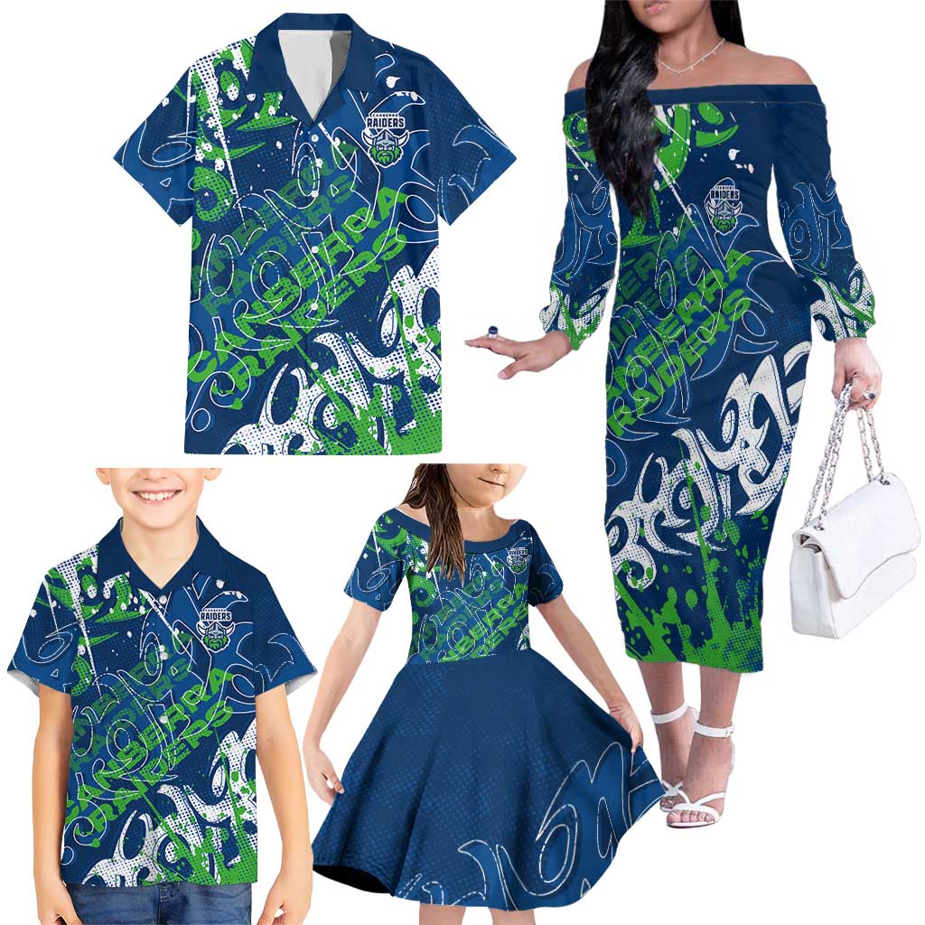 Personalized Canberra Raiders Rugby Family Matching Off The Shoulder Long Sleeve Dress and Hawaiian Shirt Urban Street Graffiti Style - Distressed Splatter Elements
