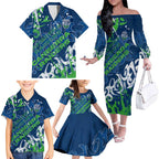 Personalized Canberra Raiders Rugby Family Matching Off The Shoulder Long Sleeve Dress and Hawaiian Shirt Urban Street Graffiti Style - Distressed Splatter Elements