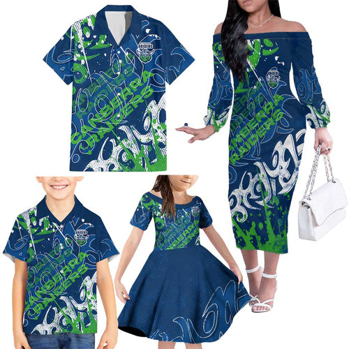 Personalized Canberra Raiders Rugby Family Matching Off The Shoulder Long Sleeve Dress and Hawaiian Shirt Urban Street Graffiti Style - Distressed Splatter Elements