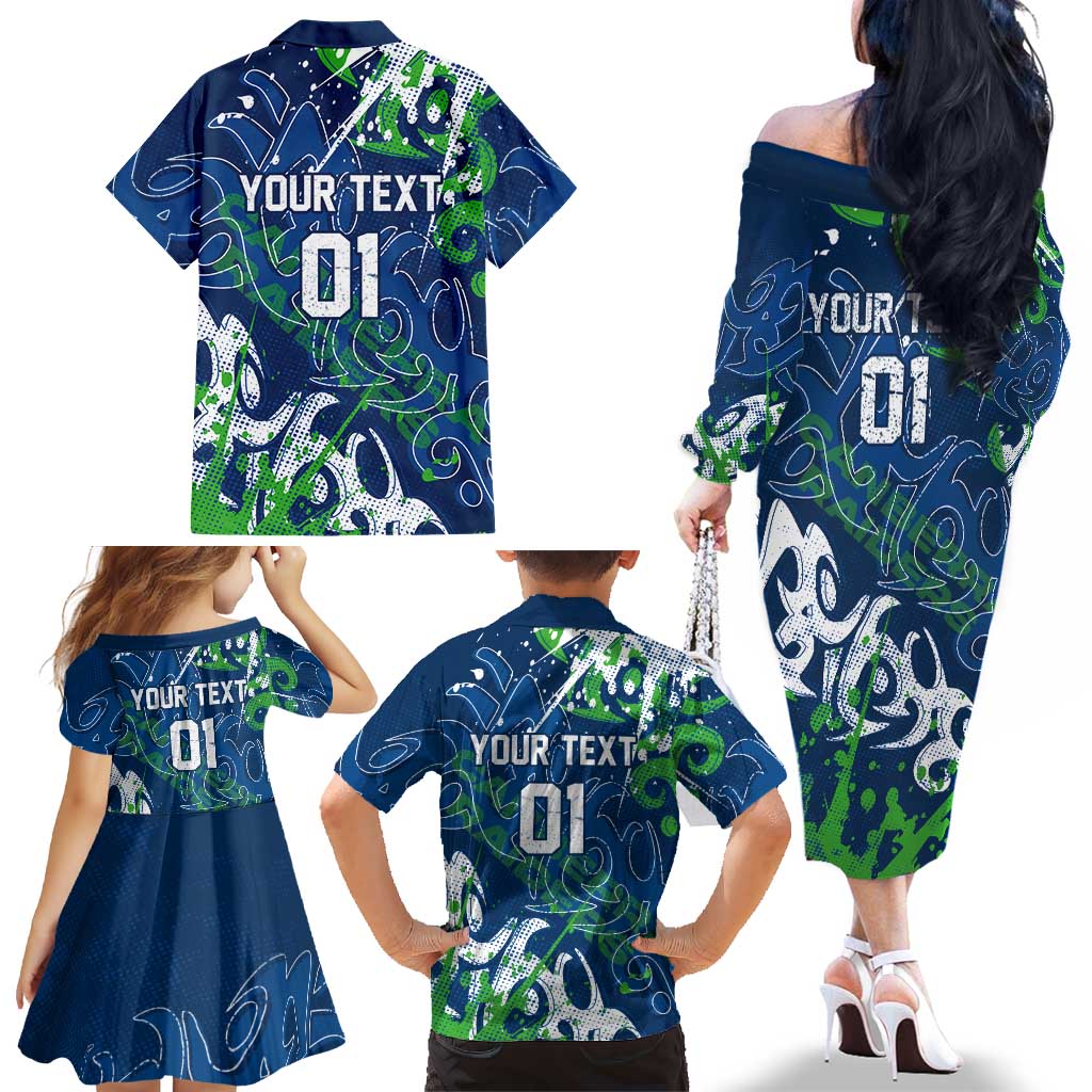 Personalized Canberra Raiders Rugby Family Matching Off The Shoulder Long Sleeve Dress and Hawaiian Shirt Urban Street Graffiti Style - Distressed Splatter Elements