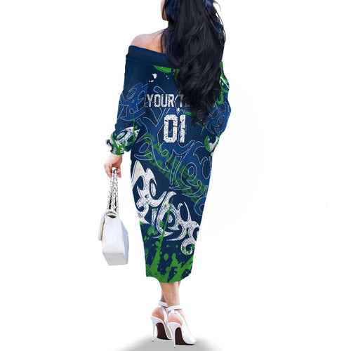 Personalized Canberra Raiders Rugby Family Matching Off The Shoulder Long Sleeve Dress and Hawaiian Shirt Urban Street Graffiti Style - Distressed Splatter Elements