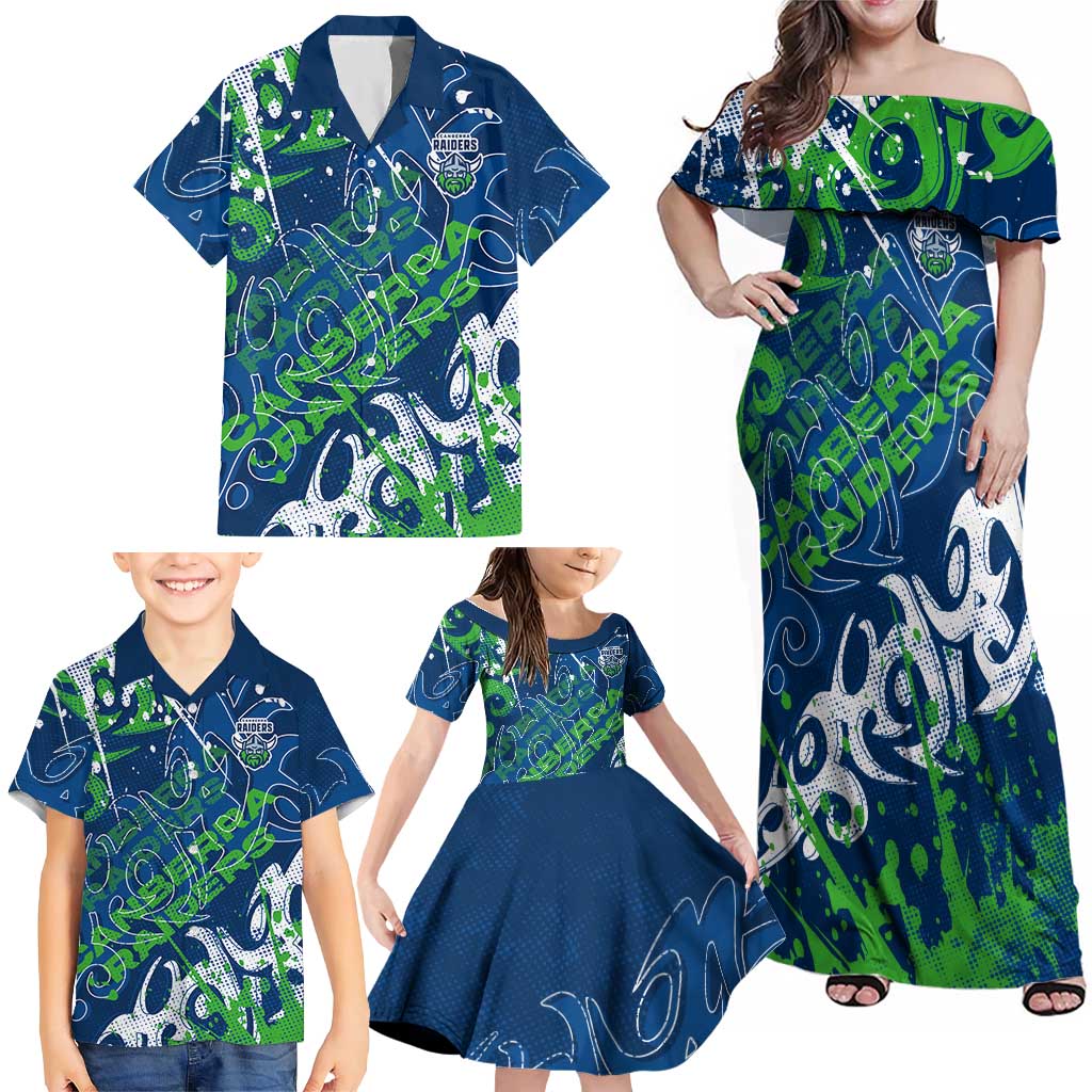 Personalized Canberra Raiders Rugby Family Matching Off Shoulder Maxi Dress and Hawaiian Shirt Urban Street Graffiti Style - Distressed Splatter Elements