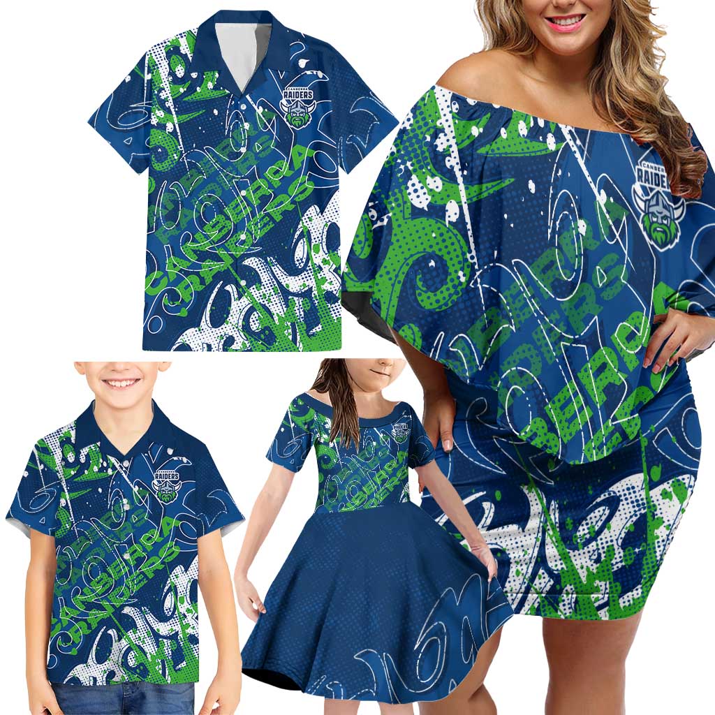 Personalized Canberra Raiders Rugby Family Matching Off Shoulder Short Dress and Hawaiian Shirt Urban Street Graffiti Style - Distressed Splatter Elements