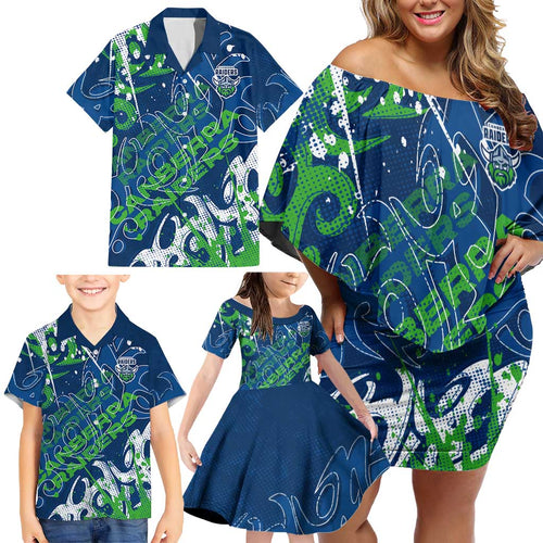 Personalized Canberra Raiders Rugby Family Matching Off Shoulder Short Dress and Hawaiian Shirt Urban Street Graffiti Style - Distressed Splatter Elements