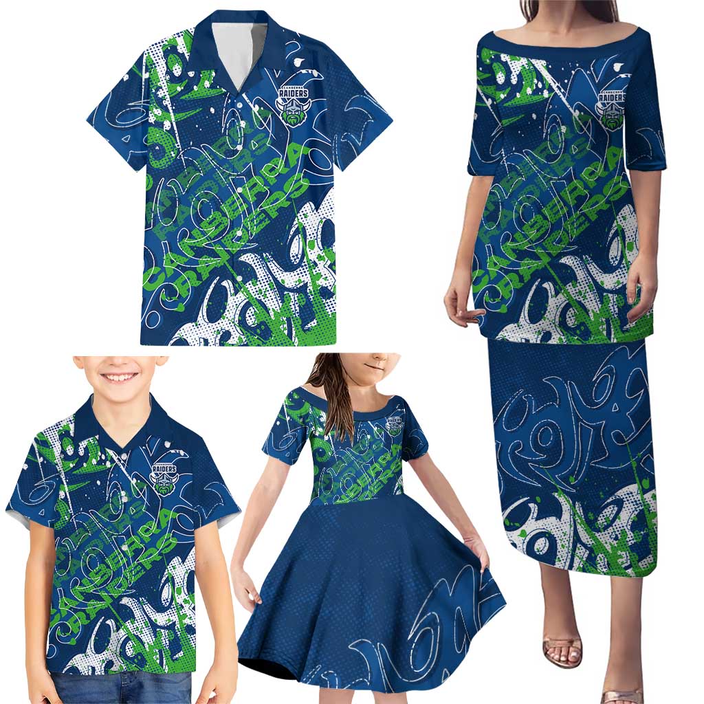 Personalized Canberra Raiders Rugby Family Matching Puletasi and Hawaiian Shirt Urban Street Graffiti Style - Distressed Splatter Elements