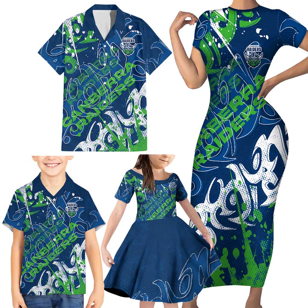 Personalized Canberra Raiders Rugby Family Matching Short Sleeve Bodycon Dress and Hawaiian Shirt Urban Street Graffiti Style - Distressed Splatter Elements