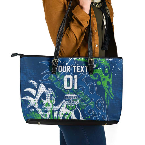 Personalized Canberra Raiders Rugby Leather Tote Bag Urban Street Graffiti Style - Distressed Splatter Elements