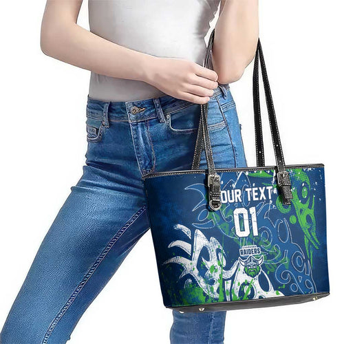 Personalized Canberra Raiders Rugby Leather Tote Bag Urban Street Graffiti Style - Distressed Splatter Elements