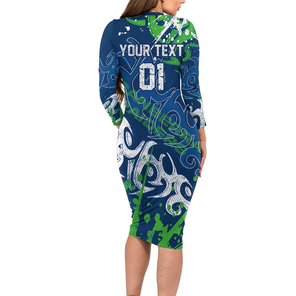 Personalized Canberra Raiders Rugby Long Sleeve Bodycon Dress Urban Street Graffiti Style - Distressed Splatter Elements