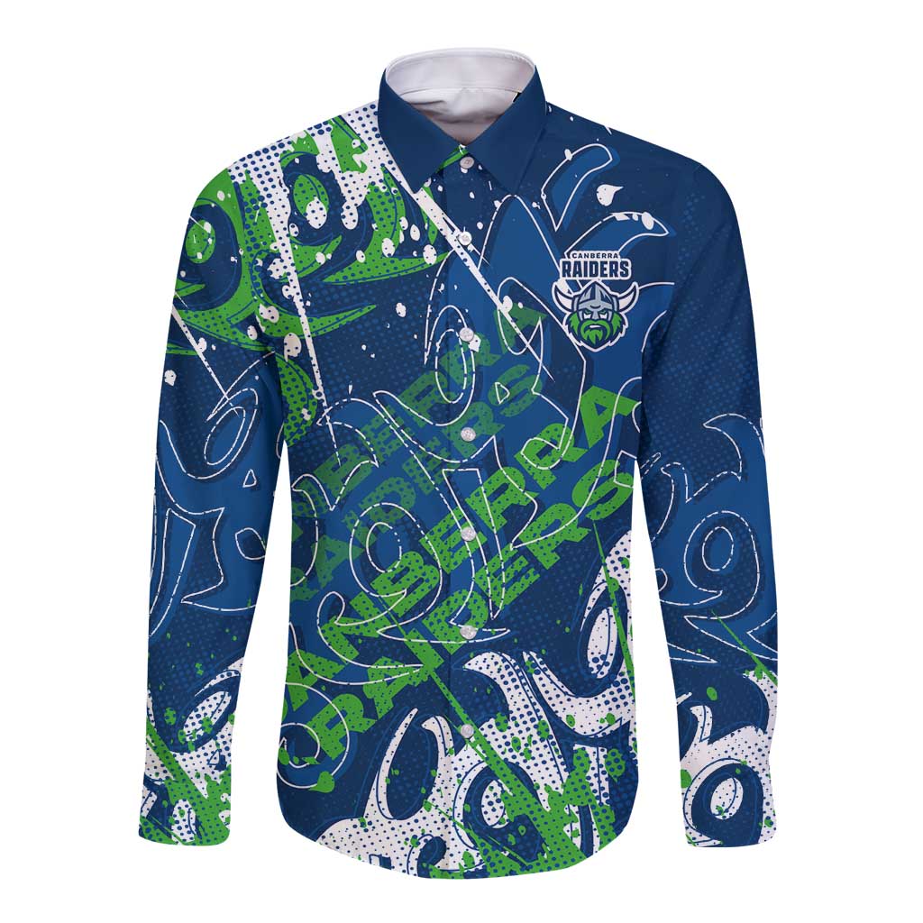 Personalized Canberra Raiders Rugby Long Sleeve Button Shirt Urban Street Graffiti Style - Distressed Splatter Elements