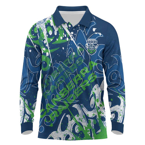 Personalized Canberra Raiders Rugby Long Sleeve Polo Shirt Urban Street Graffiti Style - Distressed Splatter Elements