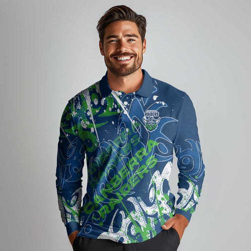 Personalized Canberra Raiders Rugby Long Sleeve Polo Shirt Urban Street Graffiti Style - Distressed Splatter Elements